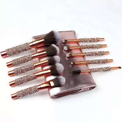 Make your own label Rose golden Glitter makeup brushes 10pcs Shiny Crystal diamond foundation brush set with PU bag