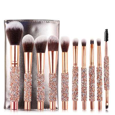 Make your own label Rose golden Glitter makeup brushes 10pcs Shiny Crystal diamond foundation brush set with PU bag